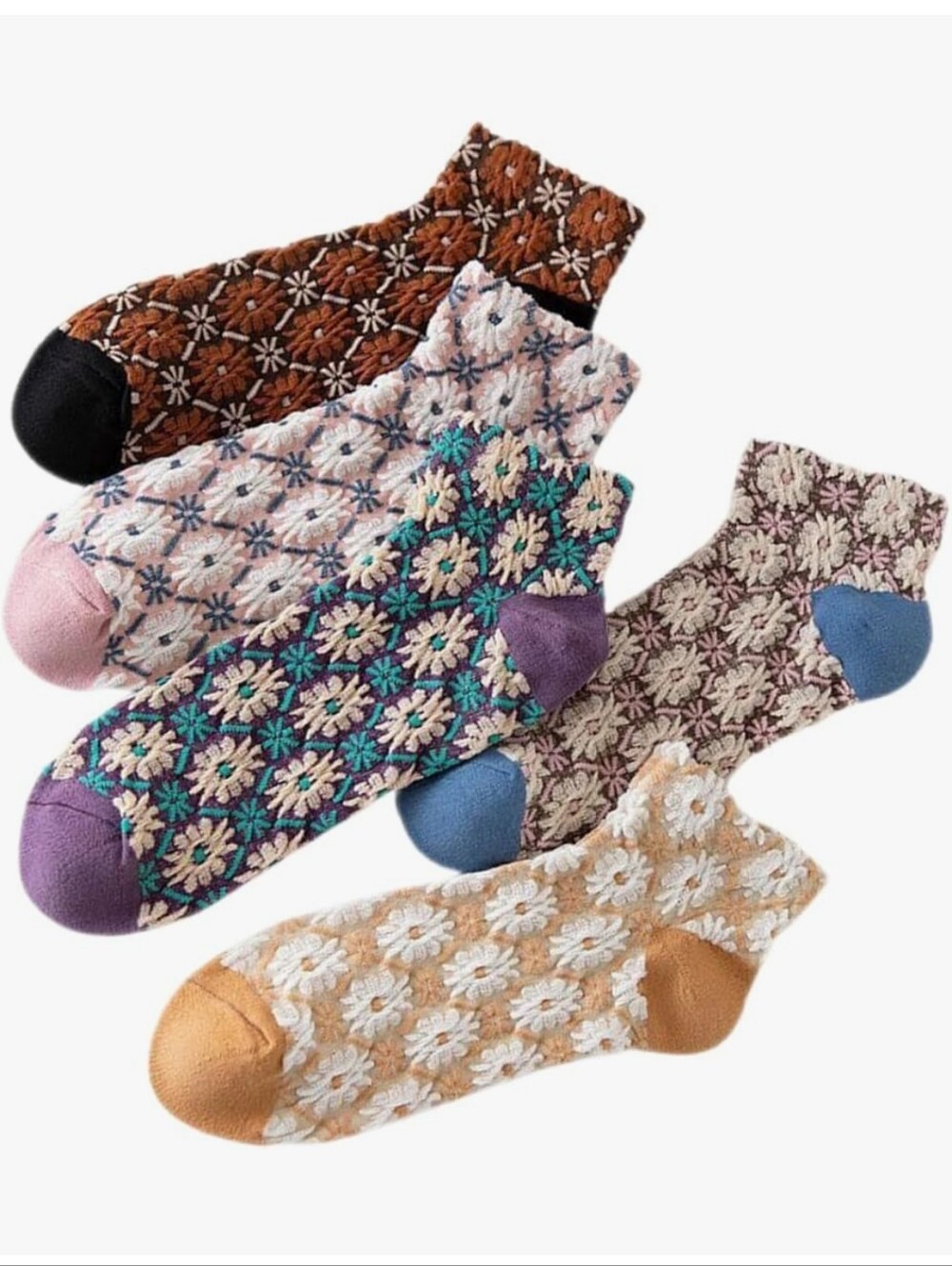 Women Ankle Socks Retro Floral Patterned Short Cotton Socks 5 Pairs